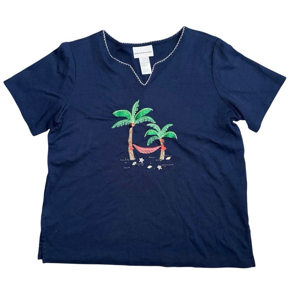 Alfred Dunner Woman Small Island Hopping Palm Beach Embellished Blouse navy blue